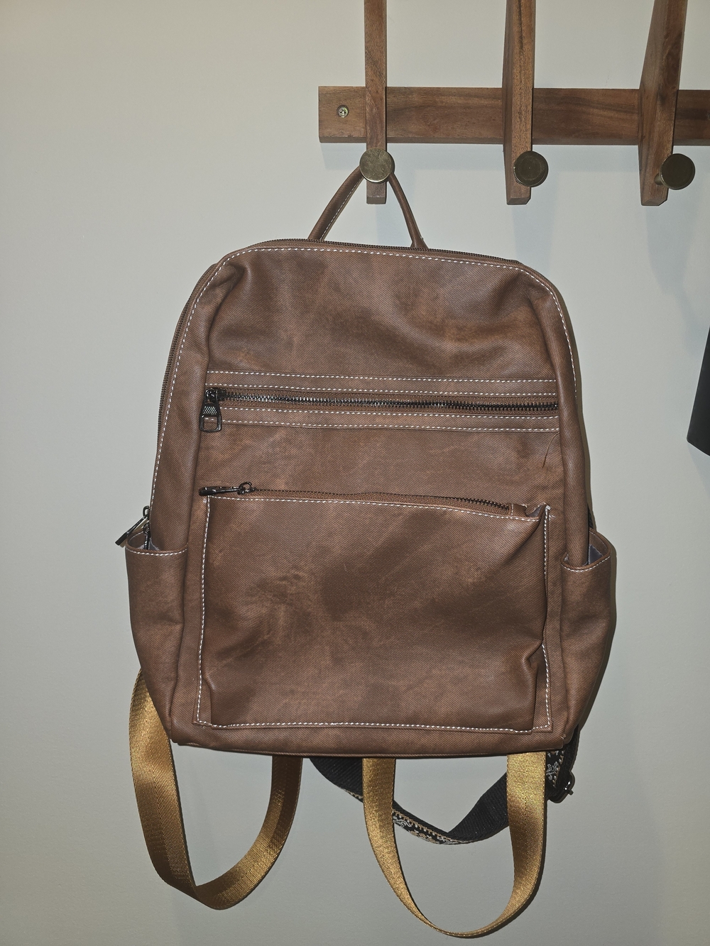 Brown Faux Leather Backpack - Casual Everyday Bag